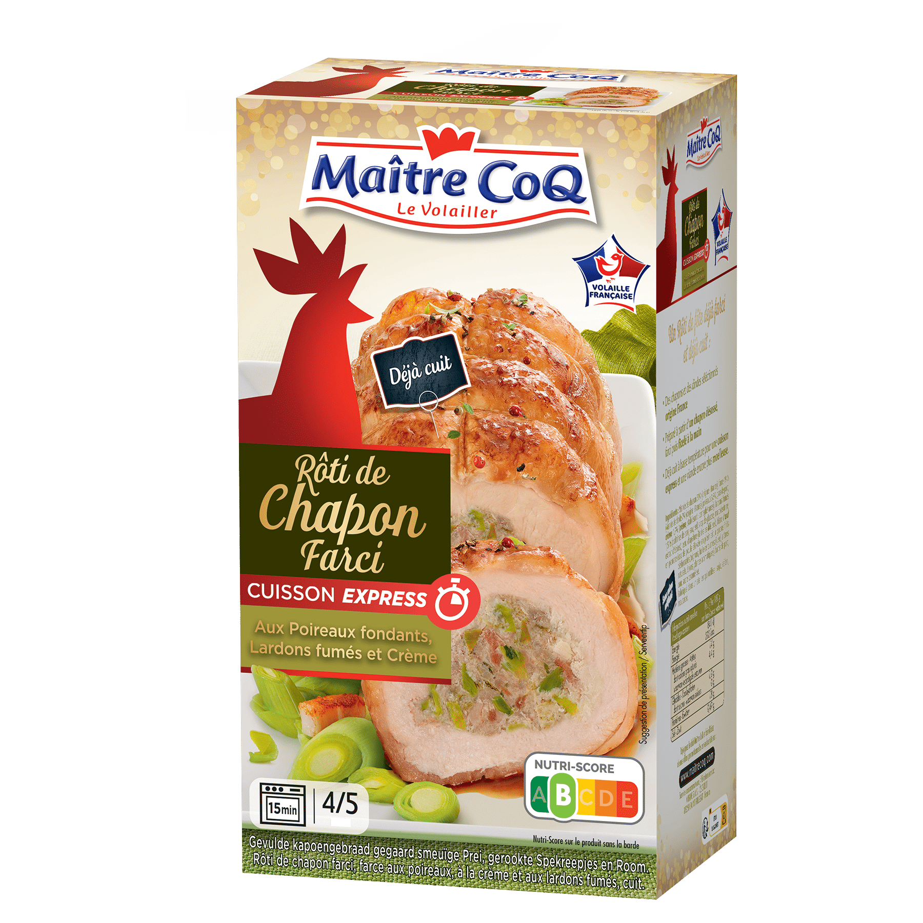 Rôti de chapon farci aux poireaux fondants, lardons fumés et crème