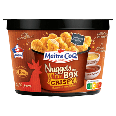 Le nuggets en box Crispy est composé de filet de poulet pané d'une chapelure croustillante à base de pétales de maïs et cuit.